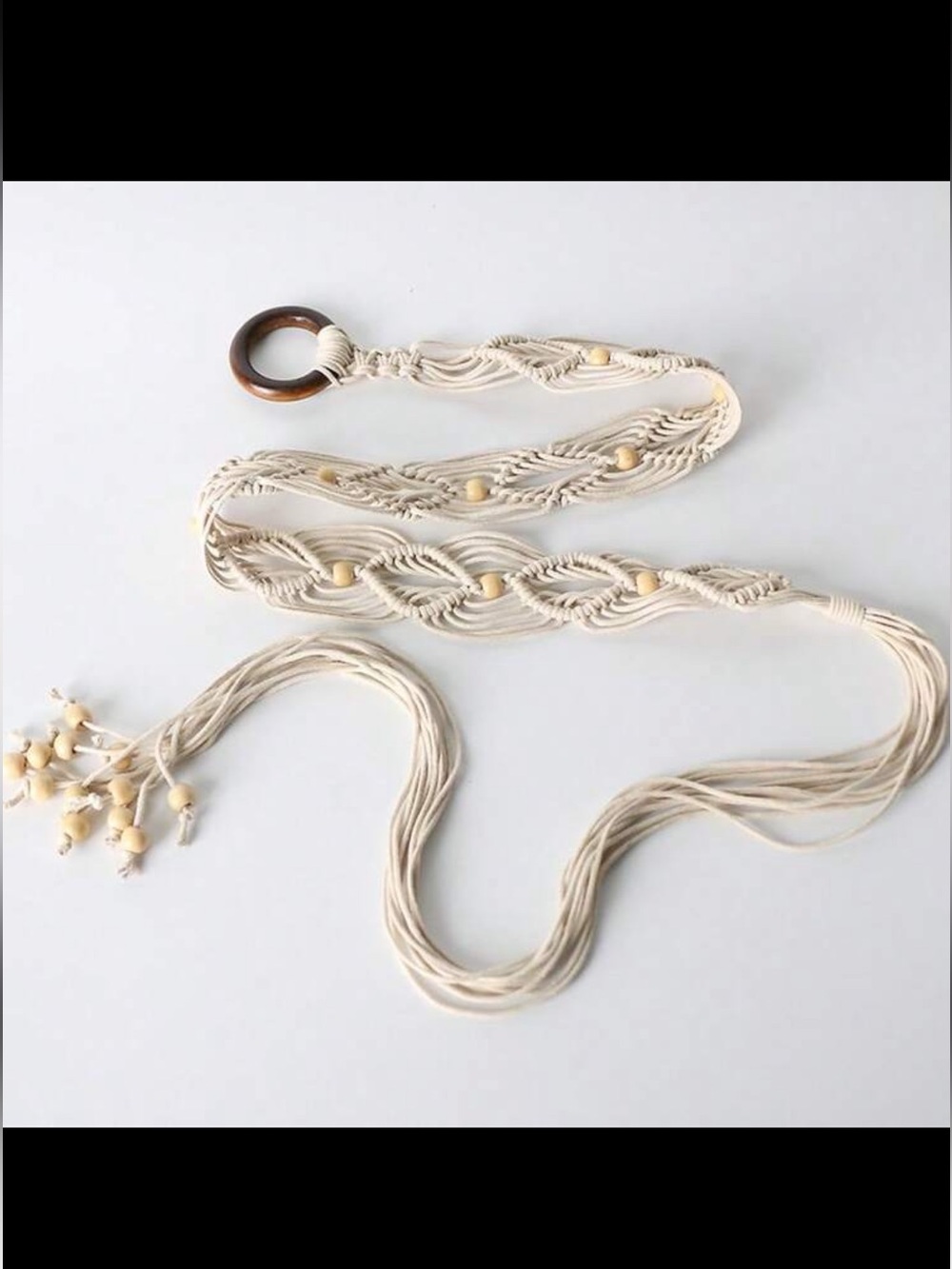 Handmade Macramé Ivory Belt with Wooden Accents